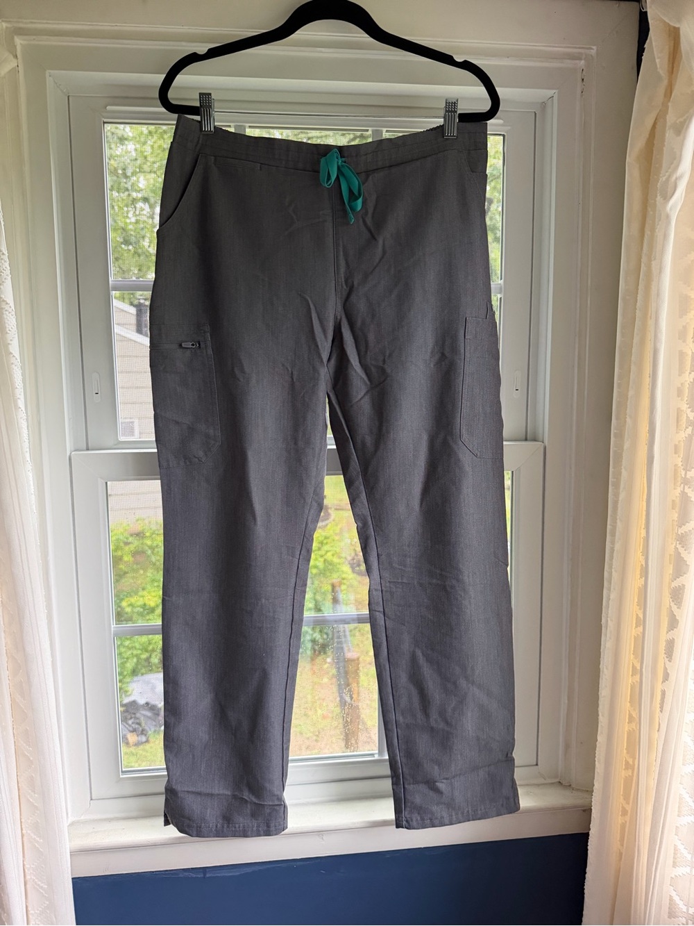 Figs Women's Gray Cargo Scrub Pants with Teal Drawstring
